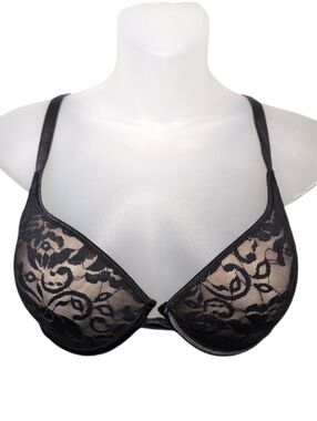 Hanes Her Way Black Floral Lace Push Up Underwire Bra 38C Vintage Style